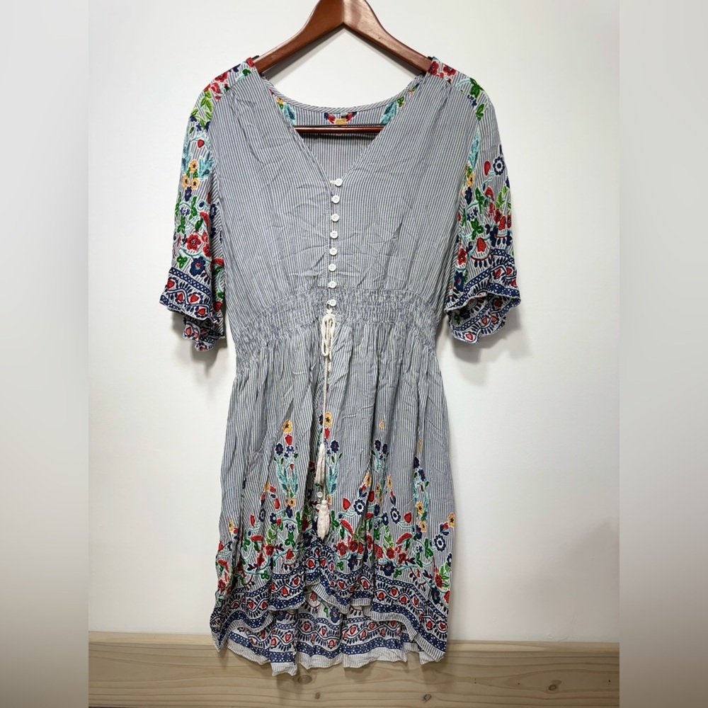 Emery Rose Bohemian Striped Dress with Floral Accents